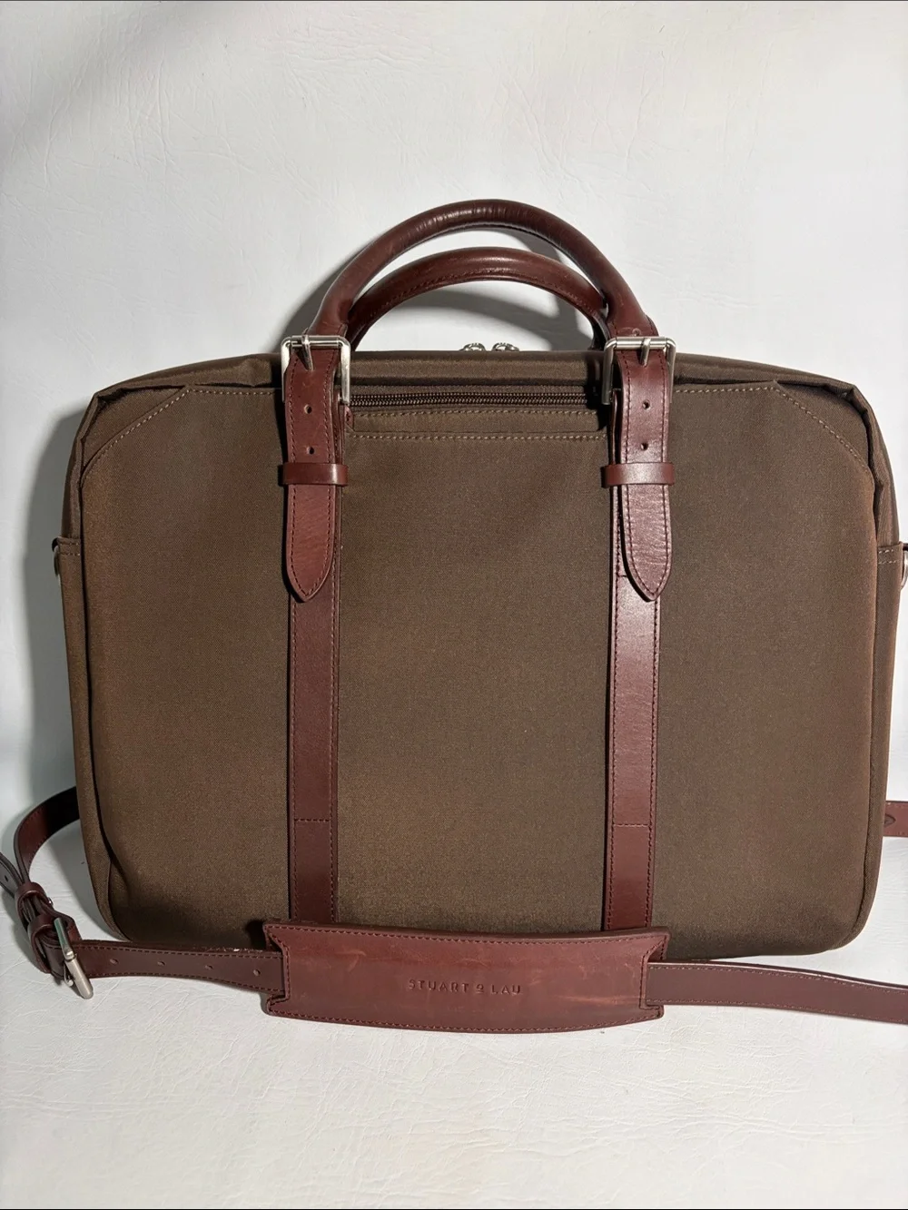 Stuart and Lau The Cary Single Briefcase Espresso Color Leather Trim and Strap